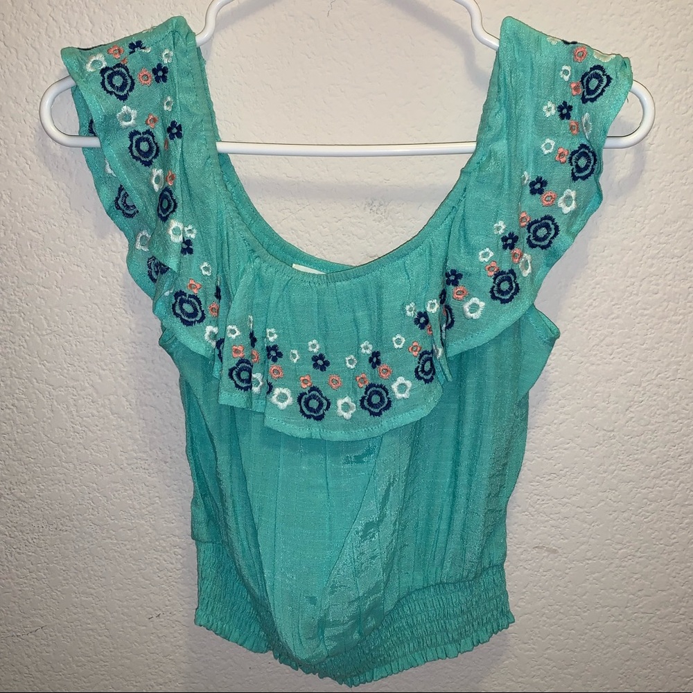 Off-The-Shoulder teal blouse